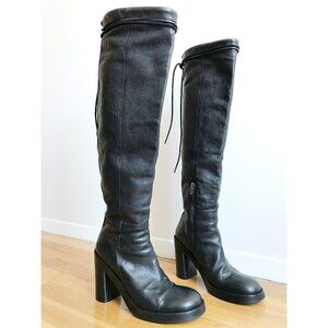 Ann Demeulemeester Iconic Stack Heel Black Leather OTK Boots 90s Y2K 39 Vintage